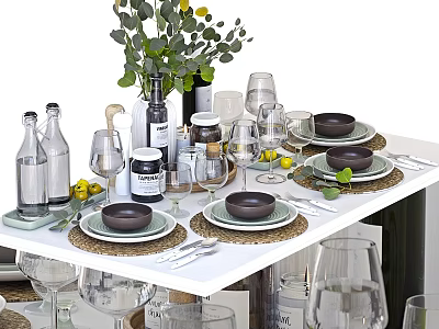 Elegant Dinnerware Set with Plates Bowls Glassware and Green Plants for Kitchen Dining Table Setting 3d model