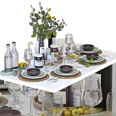 Elegant Dinnerware Set with Plates Bowls Glassware and Green Plants for Kitchen Dining Table Setting 3d model