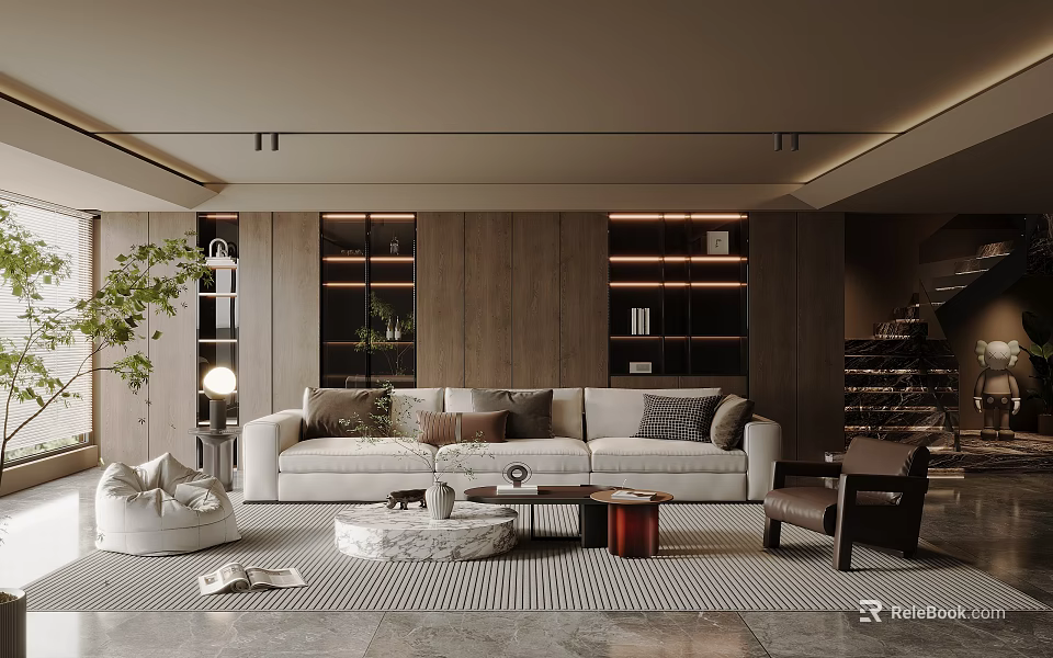 Modern Living Room Interior With Beige Sofa Coffee Table Wooden Shelves And Green Plants 3d model 