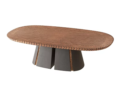 Modern Oval Wooden Coffee Table With Unique Radial Wood Grain And Sturdy Decorative Base 3d model