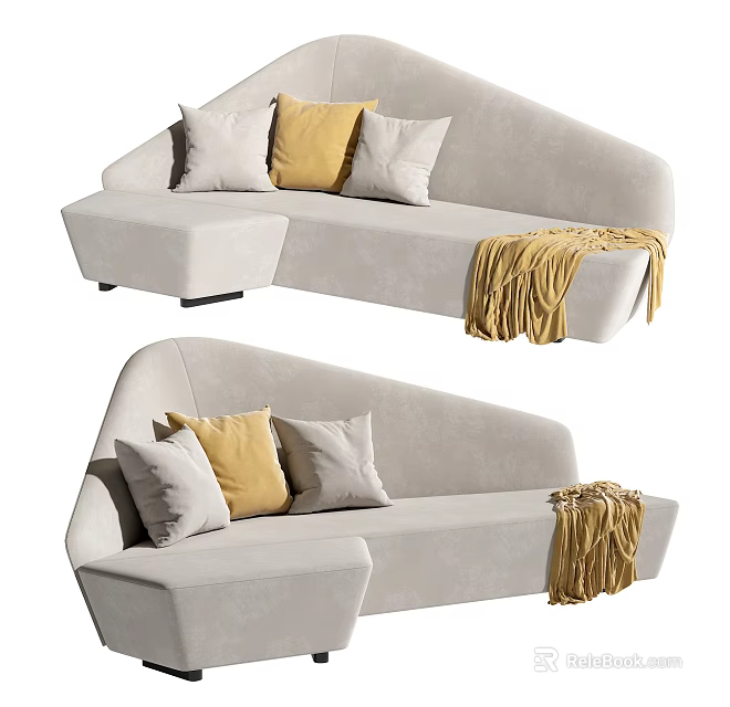 Modern Multi person Sofa in Light Gray with Yellow White Pillows and Fringe Blanket Decor 3d model 