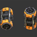 Two Orange And Black Daily Household Appliances With Gears And Structure On Black Reflective Surface