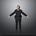 Woman with blonde hair in police uniform standing with arms outstretched against gray background