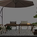 Wooden Outdoor Table With Umbrella Chairs Decorative Plants And Patio Setting