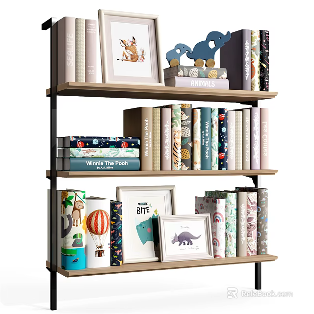 Books And Magazines On Shelf With Colorful Spines Decorative Frames And Animal Illustrations 3d model 
