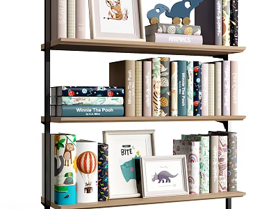 Books And Magazines On Shelf With Colorful Spines Decorative Frames And Animal Illustrations 3d model