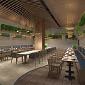 Natural Wooden Restaurant Interior With Hanging Lanterns Greenery Bar Counter And Tables
