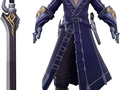 Fantasy Game Movie Character In Dark Blue Robe With Swords 3d model
