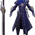 Fantasy Game Movie Character In Dark Blue Robe With Swords