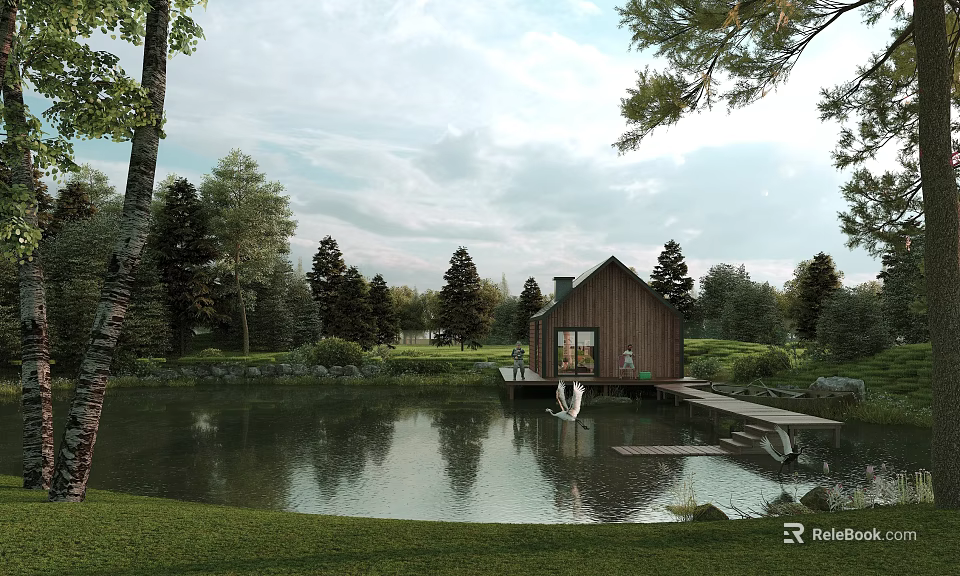 Detached Wooden Villa by Scenic Pond with Dock Trees Grass Water Reflection and Swans 3d model 