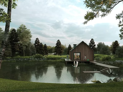 Detached Wooden Villa by Scenic Pond with Dock Trees Grass Water Reflection and Swans 3d model