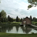 Detached Wooden Villa by Scenic Pond with Dock Trees Grass Water Reflection and Swans