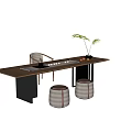 Modern Wooden Tea Table and Chairs with Tea Set Green Plant and Stools