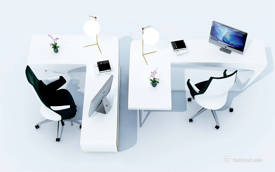 Modern Office Desk Setup with Desk Lamp Small Plant Laptop Monitor and Chair 3d model 