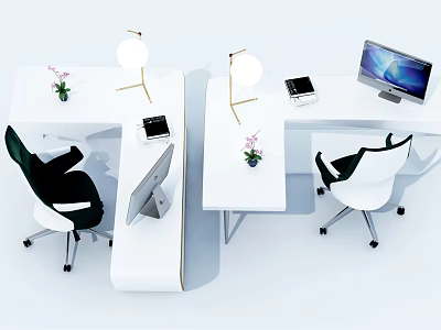 Modern Office Desk Setup with Desk Lamp Small Plant Laptop Monitor and Chair 3d model