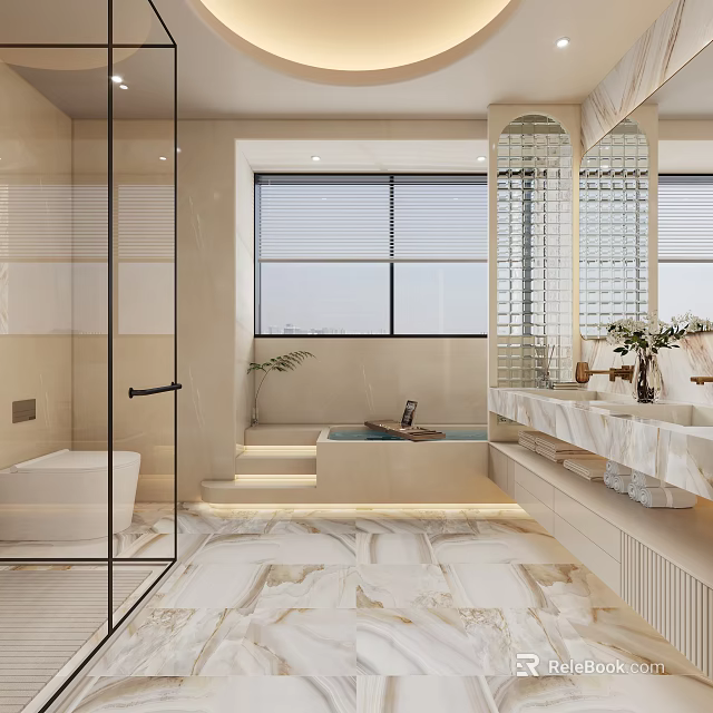 Modern Luxury Bathroom Interior Design With Glass Shower Bathtub Double Vanity And Marble Floor 3d model 