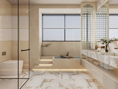 Modern Luxury Bathroom Interior Design With Glass Shower Bathtub Double Vanity And Marble Floor 3d model