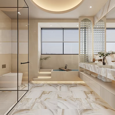 Modern Luxury Bathroom Interior Design With Glass Shower Bathtub Double Vanity And Marble Floor 3d model