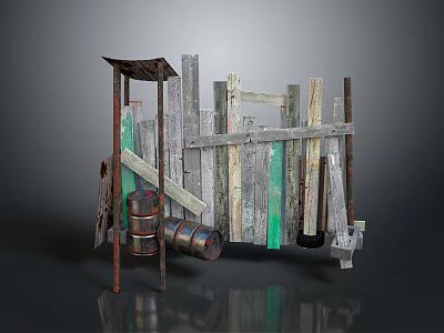 Vintage Wooden and Stone Fence Structure with Metal Barrels and Colored Wood 3d model
