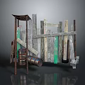 Vintage Wooden and Stone Fence Structure with Metal Barrels and Colored Wood