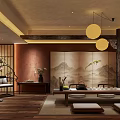 Traditional Japanese Restaurant Interior With Wooden Floors Hanging Pendant Lights And Green Plants