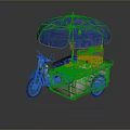 Portable Tricycle Food Cart with Blue Umbrella Red Green Buckets and Accessories
