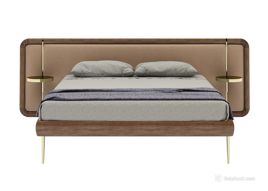 Modern Double Bed with Brown Headboard Gold Accents Grey Mattress Pillows and Gold Legs 3d model 