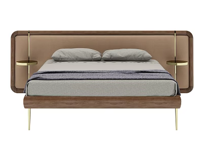 Modern Double Bed with Brown Headboard Gold Accents Grey Mattress Pillows and Gold Legs 3d model