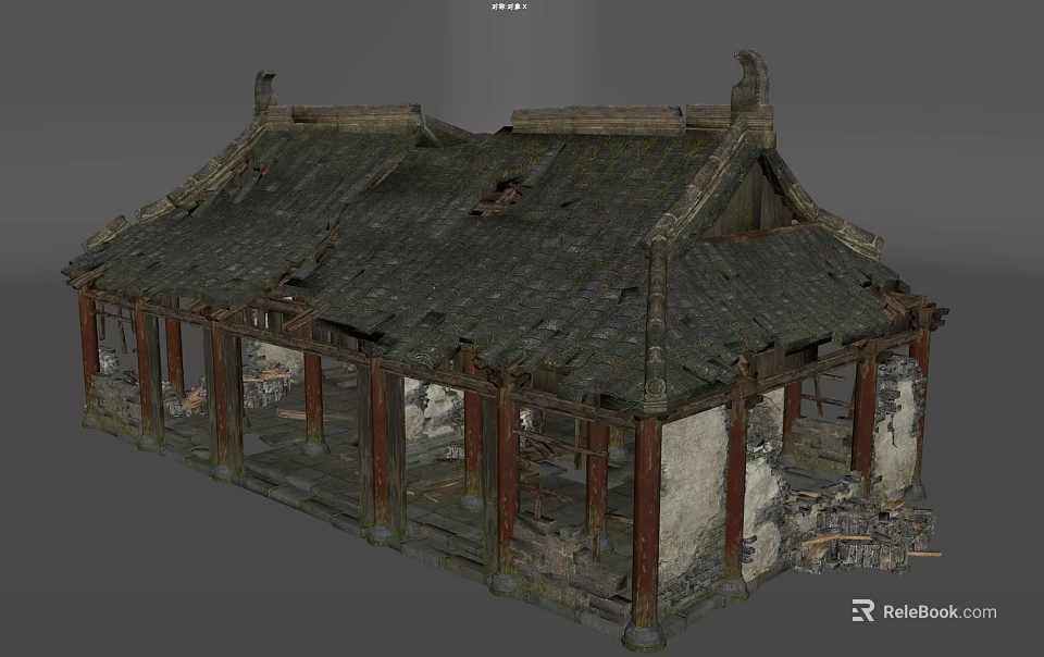 Ancient Chinese Traditional Building With Dilapidated Tiled Roof And Wooden Columns 3d model 