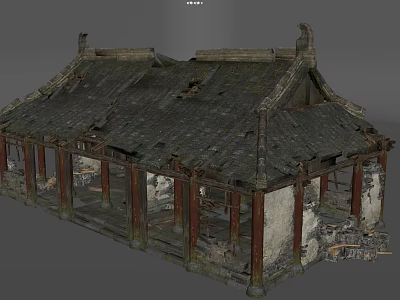 Ancient Chinese Traditional Building With Dilapidated Tiled Roof And Wooden Columns 3d model