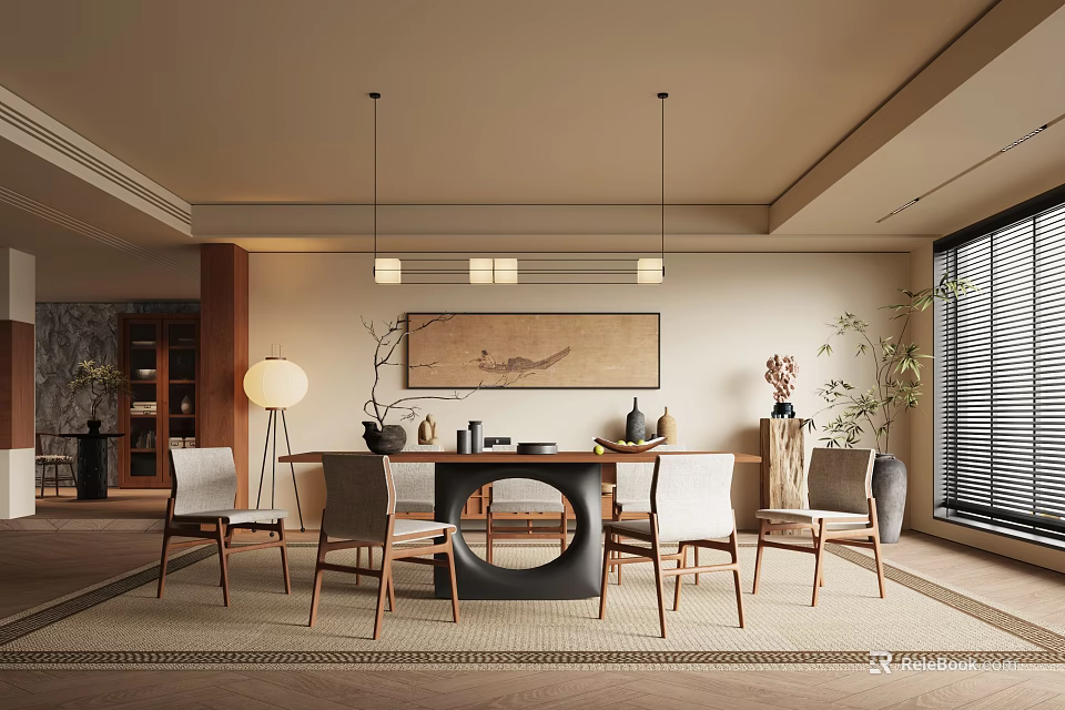 Modern Japanese Restaurant Interior With Wooden Dining Table Chairs Pendant Lights And Decorative Painting 3d model 