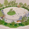 Circular Urban Park Featuring Central Lawn Tree Surroundings Walking Paths Benches And Pavilion