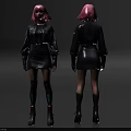 Female Character With Pink Hair Black Jacket Short Skirt Decorative Stockings Front Back Views