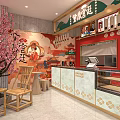 Traditional Chinese Milk Tea Shop Red Wall Green Accents Cherry Blossom Decor Wooden Tables Stools