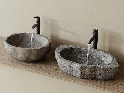 Stone Oval Washbasins On Wooden Countertop With Black Faucets And Light Colored Wall 3d model