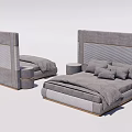 Modern Double Bed with Gray Striped Headboard Gold Trim Side Nightstands Cozy Design