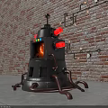 Steampunk Art Installation With Black Body Red Lights Glowing Core And Brick Wall Background