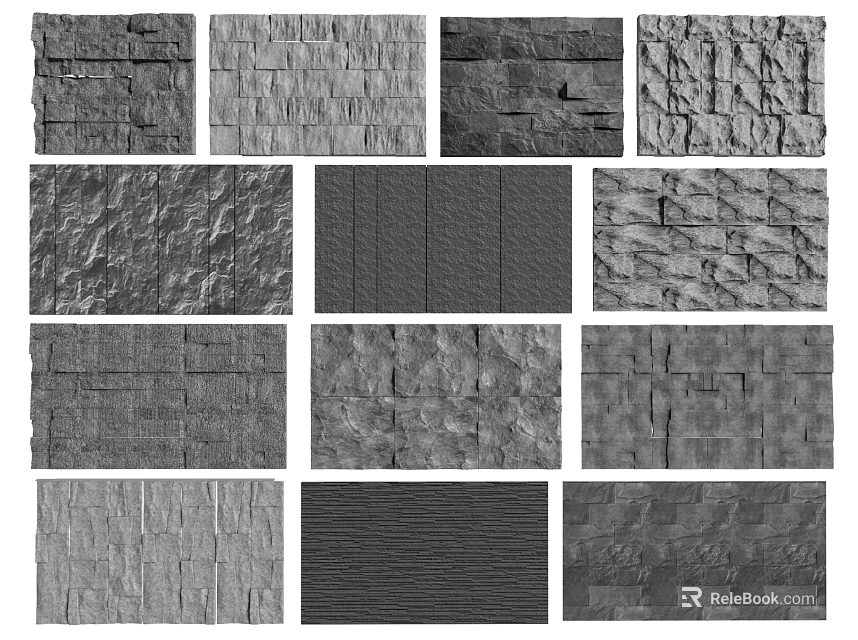 Feature Wall With Various Textures And Stone Brick Wood Patterns For Interior Design 3d model