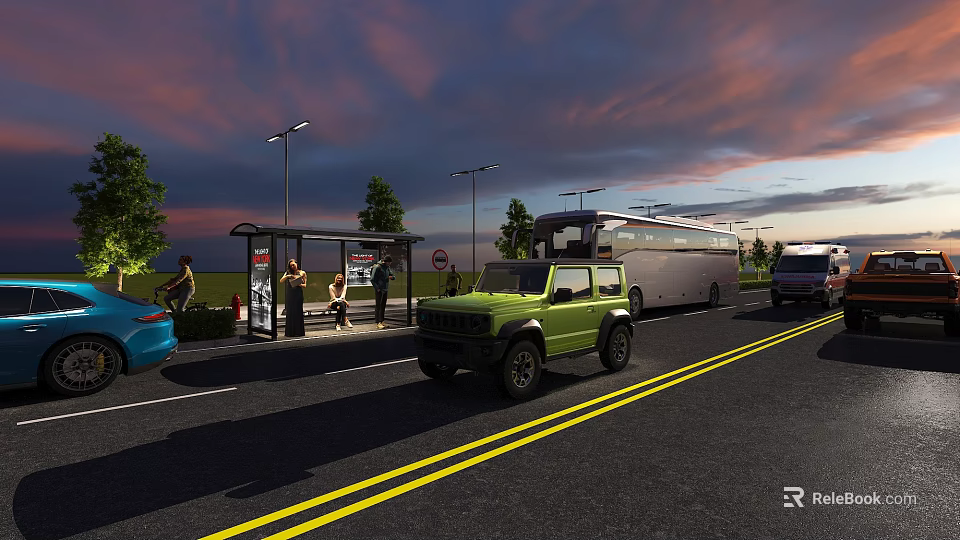 Road Infrastructure Featuring Bus Stop Street Lights Pedestrians And Vehicles At Sunset 3d model 