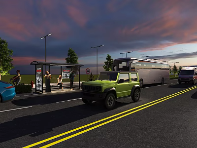 Road Infrastructure Featuring Bus Stop Street Lights Pedestrians And Vehicles At Sunset 3d model