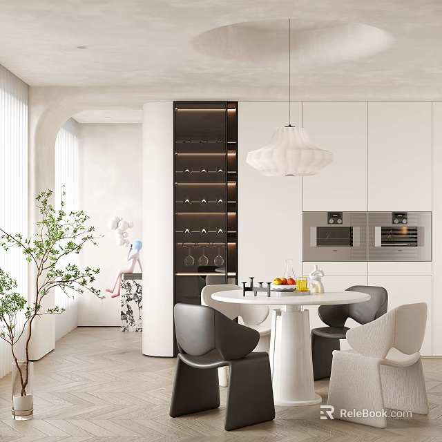 Modern Restaurant Interior With White Cabinets Wine Storage Round Dining Table Pendant Light And Plant 3d model 