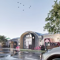 Modern Commercial Street With Glass Curtain Wall Wooden Structure And Central Fountain Area