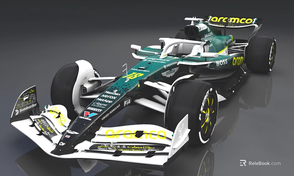 Green And White Formula 1 Racing Car With Joramco DHL Sponsor Logos 3d model 
