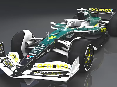 Green And White Formula 1 Racing Car With Joramco DHL Sponsor Logos 3d model