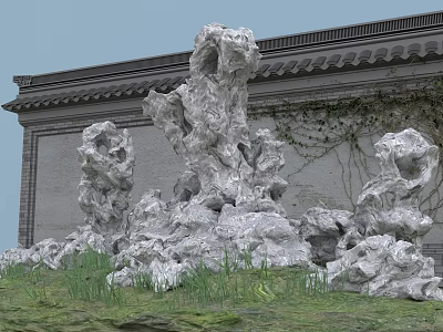Traditional Chinese Garden Rockery Stones With Ancient Wall Grey Tiled Roof And Green Vines 3d model