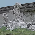 Traditional Chinese Garden Rockery Stones With Ancient Wall Grey Tiled Roof And Green Vines