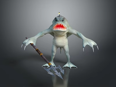 Spiked Head Shark Humanoid Game Character With Green Skin Sharp Teeth And Trident Weapon 3d model