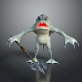 Spiked Head Shark Humanoid Game Character With Green Skin Sharp Teeth And Trident Weapon