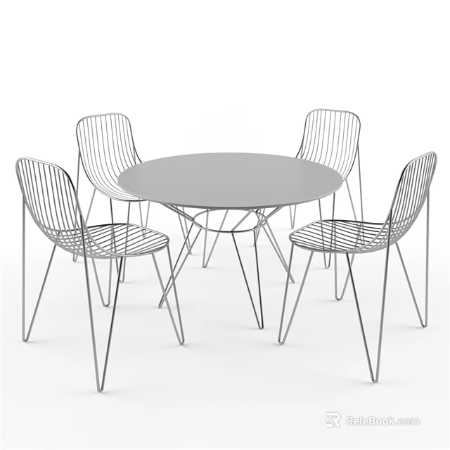 Modern Minimalist Round Dining Table With Four Wireframe Metal Chairs 3d model 
