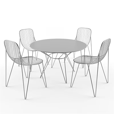 Modern Minimalist Round Dining Table With Four Wireframe Metal Chairs 3d model